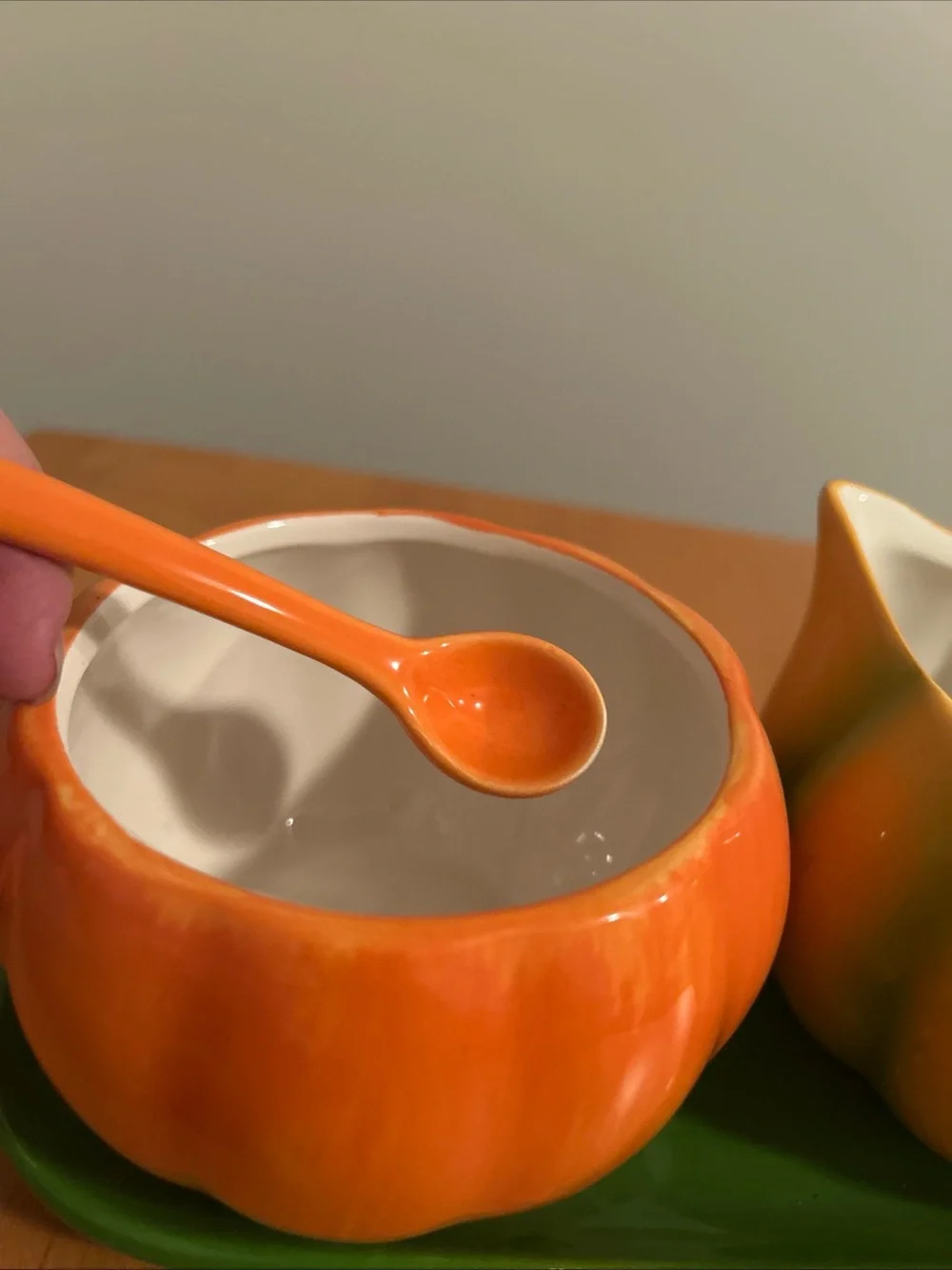 Festive Pumpkin Sugar Bowl and Creamer Set - Orange & Green
